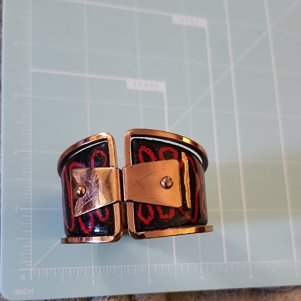 Vintage Matiasse Copper Hinged Bangle With Red And Black Enamel